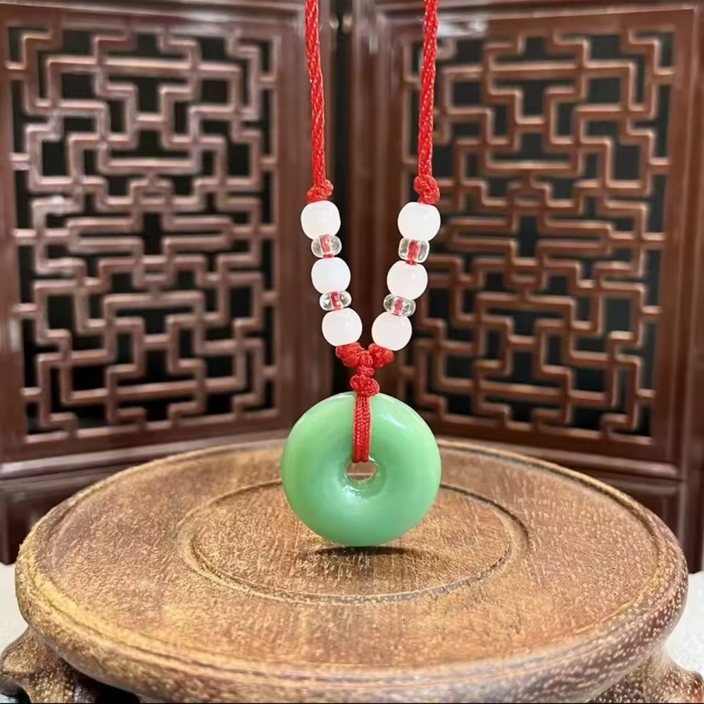 Chic Jade Green Pendant Necklace with Red Cord